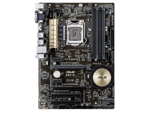 T. Madre ASUS Z97-K/CSM, ChipSet Intel Z97,
Soporta: Core i7/i5/i3 de Socket 1150,
Memoria: DDR3 3200(O.C.)/1600/1333MHz, 32GB Max,
Integrado: Audio HD, Red,
USB 3.0 y SATA 3.0,
ATX, Ptos: 2xPCIEx16,2xPCIEx1,2xPCI