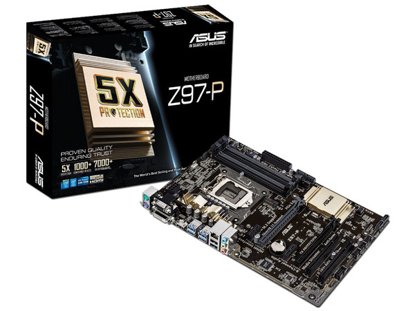 T. Madre Asus Z97-P,
ChipSet Intel Z97,
 Soporta: Core Core i3 /i5 /i7 /Pentium /Celeron de Socket 1150,
 Memoria: DDR3 3200(O.C.)/1600/1333MHz,
32GB Max,
 Integrado: Audio HD,
Red,
 USB 3.0 y SATA 3.0,
 ATX,
Ptos: 2xPCIEx16,
2xPCIEx1,
2xPCI