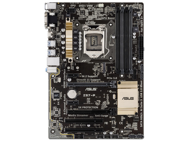 T. Madre Asus Z97-P,
ChipSet Intel Z97,
 Soporta: Core Core i3 /i5 /i7 /Pentium /Celeron de Socket 1150,
 Memoria: DDR3 3200(O.C.)/1600/1333MHz,
32GB Max,
 Integrado: Audio HD,
Red,
 USB 3.0 y SATA 3.0,
 ATX,
Ptos: 2xPCIEx16,
2xPCIEx1,
2xPCI