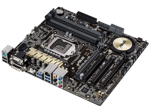 T. Madre ASUS Z97M-PLUS, ChipSet Intel Z97 Exp.,
Soporta: Core i7/i5/i3 de Socket 1150,
Memoria: DDR3 3200(O.C.)/1866(O.C.)/1600 /1333 MHz, 32GB Max,
Integrado: Audio HD, Red,
USB 3.0 y SATA 3.0,
Micro-ATX, Ptos: 1xPCIE 3.0 x16, 1xPCIEx16, 2xPCIEx1