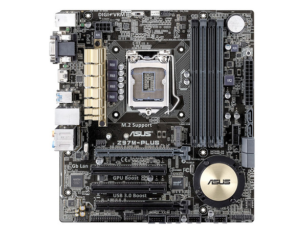 T. Madre ASUS Z97M-PLUS, ChipSet Intel Z97 Exp.,
Soporta: Core i7/i5/i3 de Socket 1150,
Memoria: DDR3 3200(O.C.)/1866(O.C.)/1600 /1333 MHz, 32GB Max,
Integrado: Audio HD, Red,
USB 3.0 y SATA 3.0,
Micro-ATX, Ptos: 1xPCIE 3.0 x16, 1xPCIEx16, 2xPCIEx1