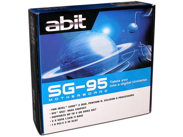 T. Madre Abit SG-95, Chipset SiS 662 NB,
Soporta: Pentium D/Pentium 4/Celeron D, FSB 800MHz,
Integrado: Video SIS, Audio 7.1, Red 10/100,
Memoria: DDR2 667/533, 2 Bancos, 2GB Max,
Diseño: MATX, Ptos: 1x PCI-E X16, 1x PCI-E X1, 2x PCI