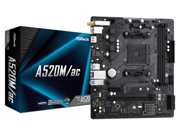 T. Madre ASRock A520M AC, Chipset AMD A520,
Soporta: AMD Ryzen 3ra, 4ta y 5ta Generación, Socket AM4,
Memoria: DDR4 4600(O.C.)/3866(O.C)/2133 MHz, 64GB Max,
Integrado: Audio HD, Red,
USB 3.0, SATA 3.0,
Micro-ATX, Ptos: 1 PCIE 3.0 x16, 1 PCIE 3.0 x1