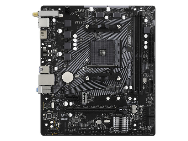 T. Madre ASRock A520M AC, Chipset AMD A520,
Soporta: AMD Ryzen 3ra, 4ta y 5ta Generación, Socket AM4,
Memoria: DDR4 4600(O.C.)/3866(O.C)/2133 MHz, 64GB Max,
Integrado: Audio HD, Red,
USB 3.0, SATA 3.0,
Micro-ATX, Ptos: 1 PCIE 3.0 x16, 1 PCIE 3.0 x1
