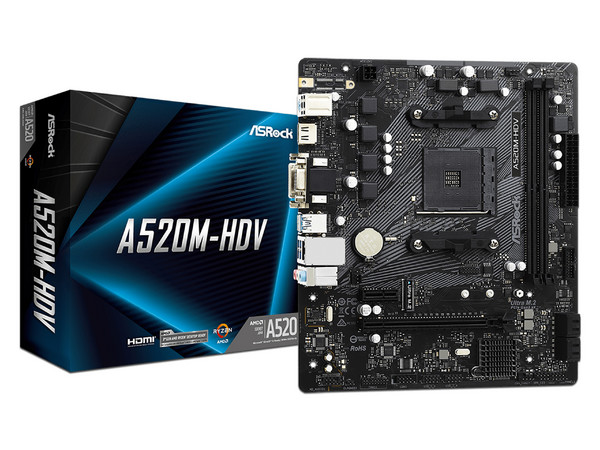 T. Madre ASRock A520M-HDV, 
Chipset AMD A520,
Segmento: Básico,
Soporta: AMD Ryzen 3ra, 4ta y 5ta Generación, Socket AM4,
Memoria: DDR4 4600/3200/2133MHz, 64GB Max,
Integrado: Audio HD, Red, USB 3.2,
SATA 3.0, M.2,
Micro-ATX, Ptos: 1xPCIEx16.