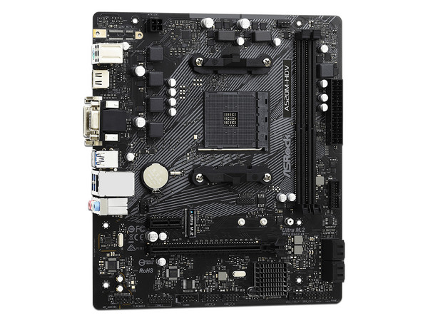 T. Madre ASRock A520M-HDV, 
Chipset AMD A520,
Segmento: Básico,
Soporta: AMD Ryzen 3ra, 4ta y 5ta Generación, Socket AM4,
Memoria: DDR4 4600/3200/2133MHz, 64GB Max,
Integrado: Audio HD, Red, USB 3.2,
SATA 3.0, M.2,
Micro-ATX, Ptos: 1xPCIEx16.
