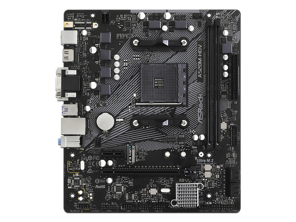 T. Madre ASRock A520M-HDV, 
Chipset AMD A520,
Segmento: Básico,
Soporta: AMD Ryzen 3ra, 4ta y 5ta Generación, Socket AM4,
Memoria: DDR4 4600/3200/2133MHz, 64GB Max,
Integrado: Audio HD, Red, USB 3.2,
SATA 3.0, M.2,
Micro-ATX, Ptos: 1xPCIEx16.