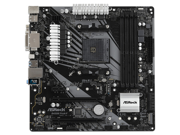 T. Madre ASRock B450M Pro4-F, Chipset AMD B450,
Soporta: AMD Ryzen Series 5000, 3ra y 2da Gen Socket AM4,
Memoria: DDR4 3200(O.C.) / 2400 / 2133 MHz, 128GB Max,
Integrado: Audio HD, Red, USB 3.1 y SATA 3.0,
Micro-ATX, Ptos: 1xPCIE3.0x16, 1xPCIE2.0x1.