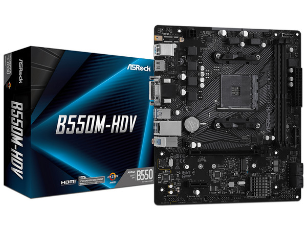 T. Madre ASRock B550M-HDV, 
Chipset AMD B550,
Segmento: Basico,
Soporta: AMD Ryzen 3ra, 4ta y 5ta Generación, Socket AM4,
Memoria: DDR4 4600(OC)/ 3200/ 2133 MHz, 128GB Max,
Integrado: Audio HD, Red, USB 3.2, SATA 3.0, M.2,
M-ATX, Ptos: 1xPCIEx16.