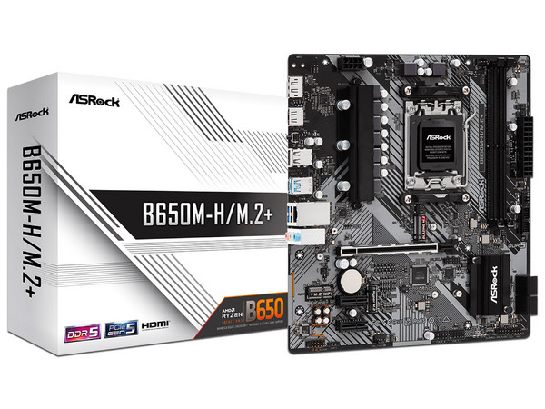 T. Madre ASRock B650M-H/M.2+: 
Chipset AMD B650,
Segmento: Alto,
Soporta: AMD 8000 y 9000 Series, Socket AM5,
Memoria: DDR5 6400+ MHz, 96GB Máx,
AudioHD, Red, USB 3.2, SATA 3.0, M.2,
M-ATX, Ptos: 1xPCIE4.0x16, 2xPCIEx1.