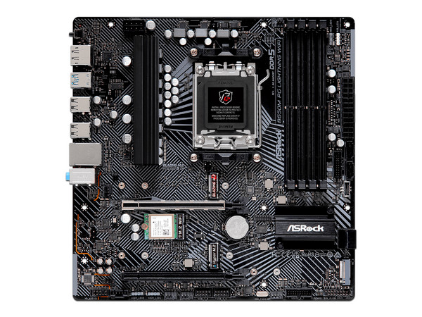 T. Madre ASRock B650M PG Lightning WiFi, Chipset AMD B650,
Soporta: AMD Ryzen de 7ma y 8va Generación, Socket AM5,
Memoria: DDR5 hasta 7200+MHz, 128GB Max,
Integrado: AudioHD, Wi-Fi, USB 3.2, SATA 3.0, M.2,
Micro-ATX, Ptos: 1xPCIE4.0x16, 1xPCIE3.0x16