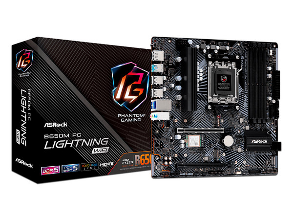 T. Madre ASRock B650M PG Lightning WiFi, Chipset AMD B650,
Soporta: AMD Ryzen de 7ma y 8va Generación, Socket AM5,
Memoria: DDR5 hasta 7200+MHz, 128GB Max,
Integrado: AudioHD, Wi-Fi, USB 3.2, SATA 3.0, M.2,
Micro-ATX, Ptos: 1xPCIE4.0x16, 1xPCIE3.0x16