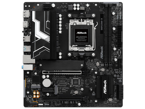 T. Madre ASRock B850M-X R2.0:
Chipset AMD B850,
Segmento: Alto, 
Soporta: AMD Ryzen 9000, 8000 y 7000, Zocket AM5, 
Memoria: DDR5 hasta 8200MHz, 128GB Máx, 
Integrado: Audio HD, Red, USB 3.0, M.2, 
M-ATX, Ptos: 1xPCIE5.0x16, 1xPCIE4.0x16.