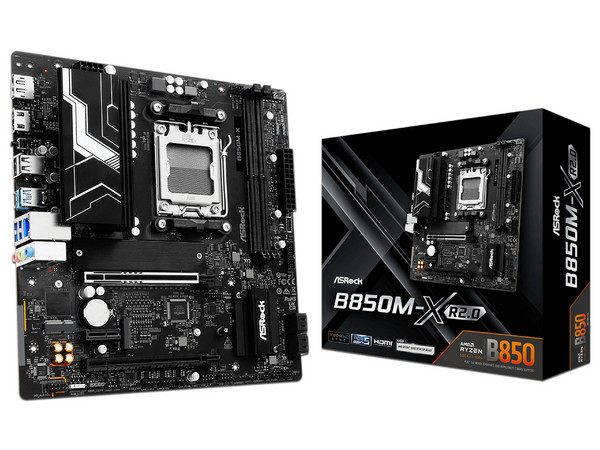 T. Madre ASRock B850M-X R2.0:
Chipset AMD B850,
Segmento: Alto, 
Soporta: AMD Ryzen 9000, 8000 y 7000, Zocket AM5, 
Memoria: DDR5 hasta 8200MHz, 128GB Máx, 
Integrado: Audio HD, Red, USB 3.0, M.2, 
M-ATX, Ptos: 1xPCIE5.0x16, 1xPCIE4.0x16.