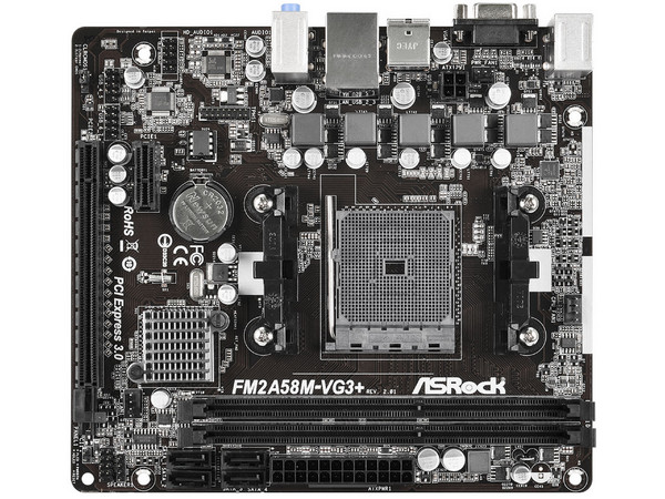 T. Madre ASRock FM2A58M-VG3+ R2.0, Chipset A58,
Soporta: AMD A10/ A8/ A6/ A4/ Athlon X4 de Socket FM2+,
Memoria: DDR3 2400(OC) /1866/ 1600/ 1333 MHz, 32GB Max,
Integrado: Audio HD, Red,
Micro-ATX, Ptos: 1xPCIEx16, 1xPCIEx1