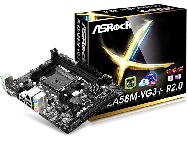 T. Madre ASRock FM2A58M-VG3+ R2.0, Chipset A58,
Soporta: AMD A10/ A8/ A6/ A4/ Athlon X4 de Socket FM2+,
Memoria: DDR3 2400(OC) /1866/ 1600/ 1333 MHz, 32GB Max,
Integrado: Audio HD, Red,
Micro-ATX, Ptos: 1xPCIEx16, 1xPCIEx1