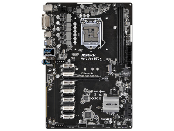 T. Madre Asrock H110 PRO BTC+, ChipSet Intel H110,
Soporta: Intel Core i7/Core i5/Core i3/Pentium/Celeron de Socket 1151,
Memoria: DDR4 2400/2133 MHz, 32GB Max,
SATA 3.0, USB 3.0,
Integrado: Audio HD, Red Gigabit,
ATX.