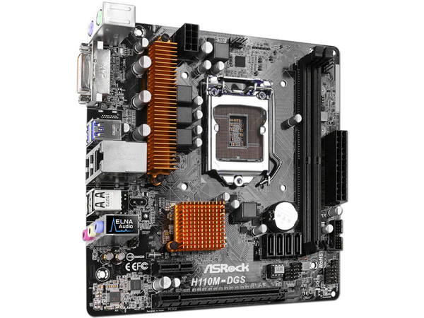 T. Madre ASRock H110M-DGS, ChipSet Socket 1151,
Soporta: tel Core i7/ i5/ i3/ Pentium/ Celeron de 6ta y 7ma gen.., de Socket 1151,
Memoria: DDR4 2133 MHz, 32GB Max,
Integrado: Audio HD, Red, 
Micro-ATX, Ptos: 1xPCIE3.0x16, 1xPCIE2.0x1.