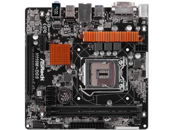T. Madre ASRock H110M-DGS, ChipSet Socket 1151,
Soporta: tel Core i7/ i5/ i3/ Pentium/ Celeron de 6ta y 7ma gen.., de Socket 1151,
Memoria: DDR4 2133 MHz, 32GB Max,
Integrado: Audio HD, Red, 
Micro-ATX, Ptos: 1xPCIE3.0x16, 1xPCIE2.0x1.