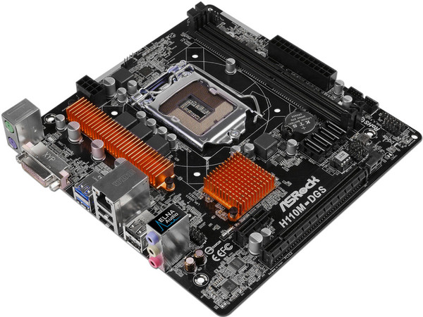T. Madre ASRock H110M-DGS, ChipSet Socket 1151,
Soporta: tel Core i7/ i5/ i3/ Pentium/ Celeron de 6ta y 7ma gen.., de Socket 1151,
Memoria: DDR4 2133 MHz, 32GB Max,
Integrado: Audio HD, Red, 
Micro-ATX, Ptos: 1xPCIE3.0x16, 1xPCIE2.0x1.