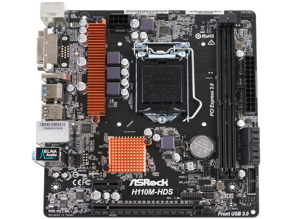 T. Madre Asrock H110M-HDS, ChipSet Intel H110,
Soporta: Intel Core i7/Core i5/Core i3/Pentium/Celeron de Socket 1151,
Memoria: DDR4 2133 MHz, 32GB Max,
SATA 3.0, USB 3.0,
Integrado: Audio HD, Red Gigabit,
Micro-ATX.