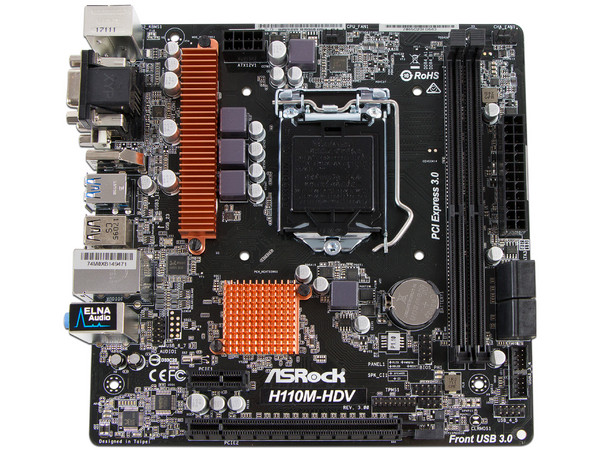 T. Madre Asrock H110M-HDV, ChipSet Intel H110,
Soporta: Intel Core i7/Core i5/Core i3/Pentium/Celeron de Socket 1151,
Memoria: DDR4 2133 MHz, 32GB Max,
SATA 3.0, USB 3.0,
Integrado: Audio HD, Red Gigabit,
Micro-ATX.
