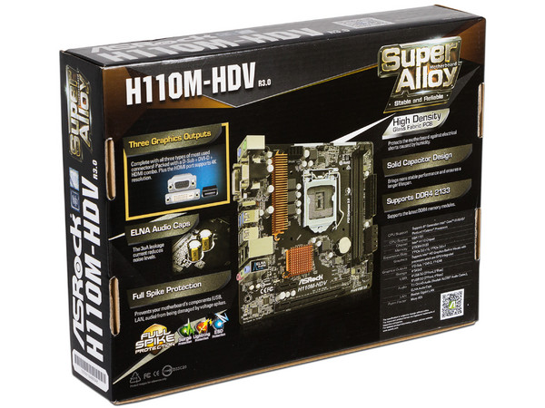 T. Madre Asrock H110M-HDV, ChipSet Intel H110,
Soporta: Intel Core i7/Core i5/Core i3/Pentium/Celeron de Socket 1151,
Memoria: DDR4 2133 MHz, 32GB Max,
SATA 3.0, USB 3.0,
Integrado: Audio HD, Red Gigabit,
Micro-ATX.