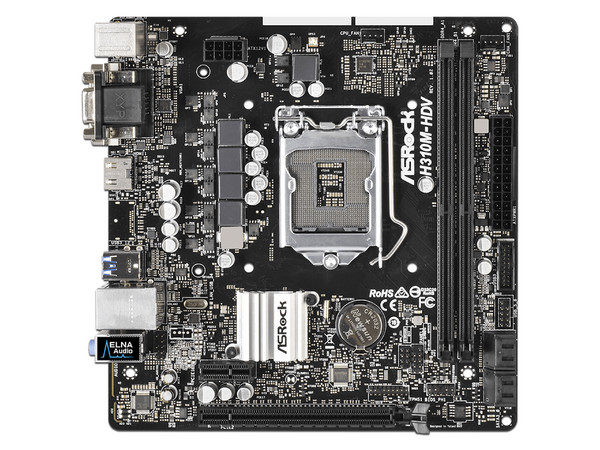 T. Madre Asrock H310M-HDV, Chipset Intel H310,
Soporta: Core i7 / i5 / i3 / Pentium / Celeron de 8va. Gen., Socket 1151,
Memoria: DDR4 2133MHz, 32GB Max,
Integrado: Audio HD, Red,
USB 3.0, SATA 3.0
ATX, Ptos: 1xPCIE 3.0 x16.