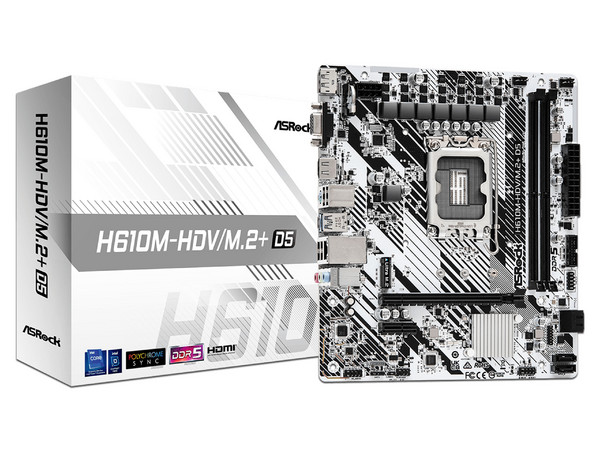 T. Madre ASRock H610M-HDV/M.2+ D5:
Chipset Intel H610,
Segmento: Básico,
Soporta: Intel 13va y 14va Generación, 
Socket 1700, Memoria: 64GB Máx,
Integrado: AudioHD, Red, USB 3.2, SATA 3.0, M.2, 
Micro-ATX, Ptos: 1xPCIE4.0x16, 1xPCIEx1.