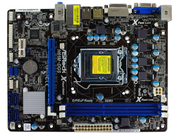 T. Madre ASRock H61M-DGS, Chipset Intel H61,
Soporta: Core i7 / i5 / i3 de Socket 1155,
Memoria: DDR3 1600/1333/1066 MHz, 16 GB Max,
Integrado: Audio HD, Red,
Micro ATX, Ptos: 1xPCIEX16, 1xPCIEX1.