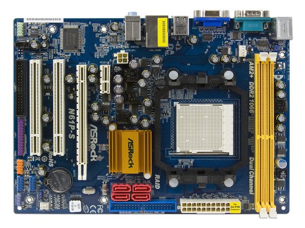 T. Madre ASRock N61P-S, Chipset NVIDIA nForce,
Soporta: Phenom, Athlon 64/Athlon 64 X2, Socket AM2+,
Memoria: DDR2 800/1066*, 2 Bancos, 8GB Max,
Integrado: Audio HD, Red, Video GeForce,
Diseño: MATX, Ptos:1xPCIEx16, 1xPCIEx1, 2xPCI.