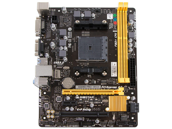 T. Madre Biostar A68MD PRO, Chipset AMD A70M,
Soporta: A10 /A8 /A6 /A4/ Athlon II X4 de Socket FM2+,
Memoria: DDR3 2600(OC) / 1600 / 800 MHz, 32 GB,
Integrado: Audio HD, Red,
Micro-ATX, Ptos: 1xPCIEx16, 1 x PCIEx1, 1 x PCI.