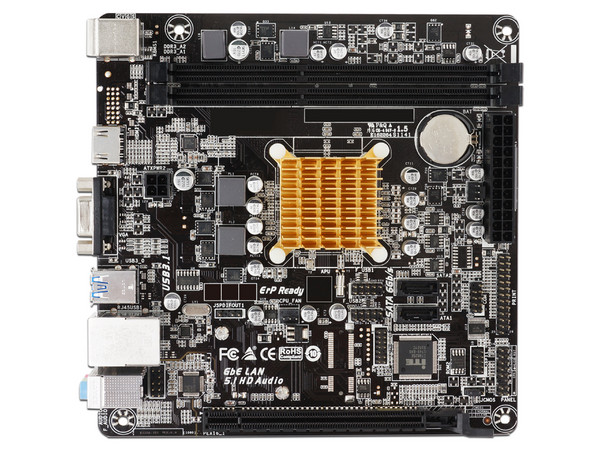 T. Madre Biostar A68N-2100K,
Procesador Integrado AMD E1-6010,
Memoria: DDR3/L 1333 / 1066 / 800MHz, 16 GB Max,
 Integrado: Audio, Red,
 Video Radeon R2, SATA 3.0,
 Mini ITX, Ptos: 1xPCI-E 2.0 x16.