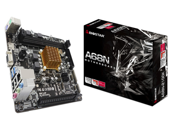 T. Madre Biostar A68N-2100K,
Procesador Integrado AMD E1-6010,
Memoria: DDR3/L 1333 / 1066 / 800MHz, 16 GB Max,
 Integrado: Audio, Red,
 Video Radeon R2, SATA 3.0,
 Mini ITX, Ptos: 1xPCI-E 2.0 x16.