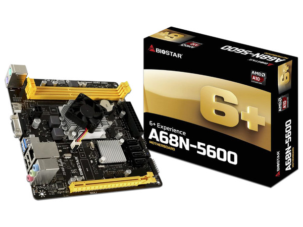 T. Madre Biostar A68N-5600, ChipSet AMD A68H.
Procesador integrado: AMD A10-4655 (hasta 2.8GHz).
Memoria: DDR3/ 1333 MHz, 32GB Max,
Integrado: Audio HD, Red,
SATA 3.0, USB 3.0, 
Mini-ITX. 1 x PCIE X16