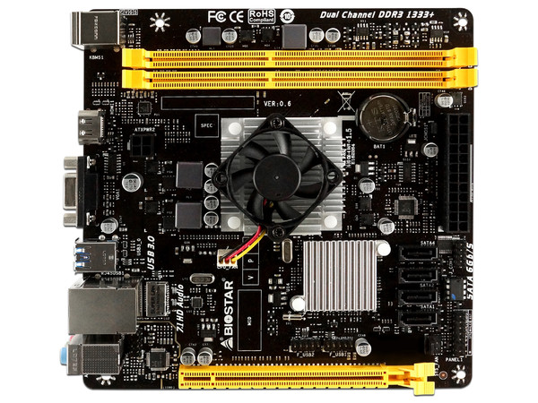 T. Madre Biostar A68N-5600, ChipSet AMD A68H.
Procesador integrado: AMD A10-4655 (hasta 2.8GHz).
Memoria: DDR3/ 1333 MHz, 32GB Max,
Integrado: Audio HD, Red,
SATA 3.0, USB 3.0, 
Mini-ITX. 1 x PCIE X16