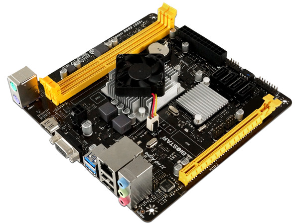 T. Madre Biostar A68N-5600, ChipSet AMD A68H.
Procesador integrado: AMD A10-4655 (hasta 2.8GHz).
Memoria: DDR3/ 1333 MHz, 32GB Max,
Integrado: Audio HD, Red,
SATA 3.0, USB 3.0, 
Mini-ITX. 1 x PCIE X16
