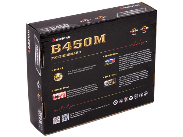 T. Madre Biostar B450MH: Chipset AMD B450, 
Soporta: Ryzen 1era y 2da Generación, Socket AM4, 
Memoria: DDR4 2133/2400/2933/3200 (OC) MHz, 32 GB máx, 
USB 3.0 y SATA 3.0, M.2,
2 x PCIE 2.0x1, 1 x PCIE 3.0x16.