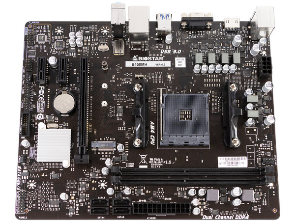 T. Madre Biostar B450MH: Chipset AMD B450, 
Soporta: Ryzen 1era y 2da Generación, Socket AM4, 
Memoria: DDR4 2133/2400/2933/3200 (OC) MHz, 32 GB máx, 
USB 3.0 y SATA 3.0, M.2,
2 x PCIE 2.0x1, 1 x PCIE 3.0x16.