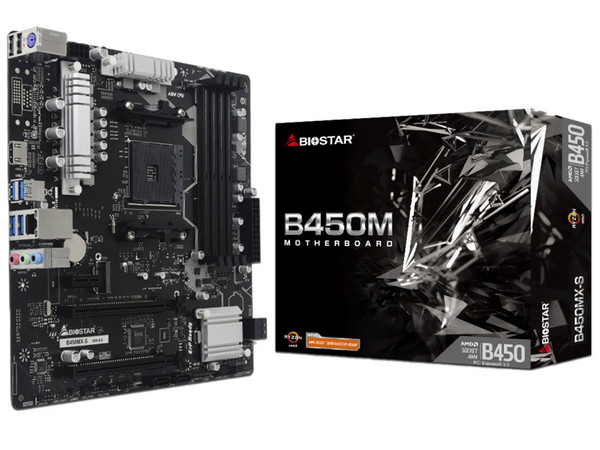 T. Madre Biostar B450MX-S, 
Chipset AMD B450,
Segmento: Medio,
Soporta: AMD Ryzen 3ra 4ta y 5ta Generación, Socket AM4,
RAM: DDR4 4333/3200/2133MHz, 128GB Max,
Integrado: Audio HD, Red, USB 3.0,
SATA 3.0, M.2,
Micro-ATX, 1xPCIE3.0x16, 1xPCIE 2.0x1