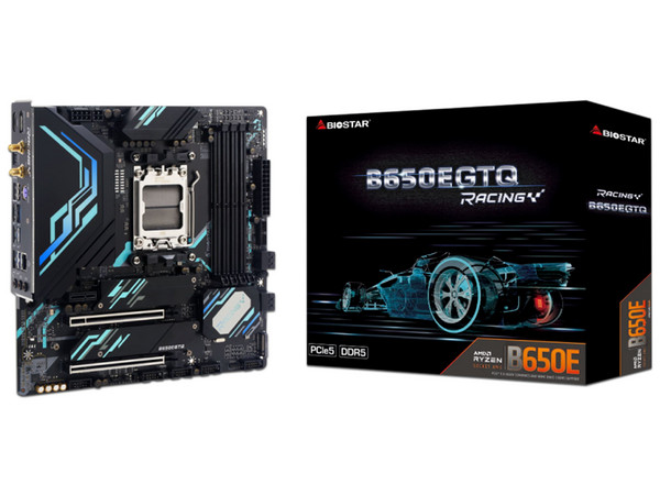 T. Madre Biostar B650EGTQ Racing, Chipset AMD B650,
Soporta: AMD Ryzen 7000 Series, Socket AM5,
Memoria: DDR5 6000+(OC)/5400(OC)/4800 MHz, 128GB Max,
Integrado: Audio HD, Wi-Fi, SATA 3.0, M.2,
MicroATX, Ptos: 1xPCIE5.0x16, 1xPCIE4.0x16.