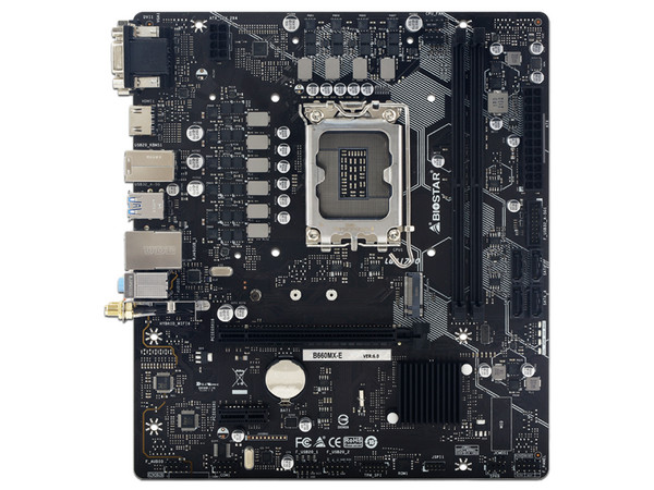 T. Madre BioStar B660MX-E, Chipset Intel B660,
Soporta: Intel 12va Generación de Socket 1700,
Memoria: DDR4 4000/2800/2133 MHz, 64GB Max,
Integrado: Audio HD, Red, Wi-Fi
USB 3.2, SATA 3.0, M.2,
Micro-ATX, Ptos: 1xPCIE4.0x16, 1xPCIE3.0x1.