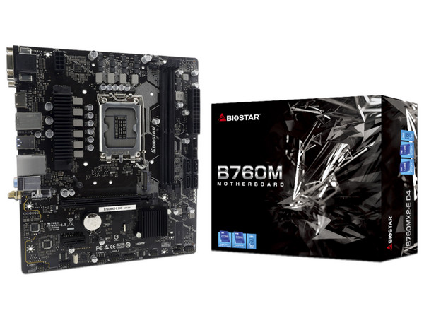 T. Madre Biostar B760MX2-E D4:
Chipset Intel B760,
Segmento: Alto,
Soporta: Intel de 12va y 13va Generación, Socket 1700,
RAM: DDR4 4400/ 2133/ 3200/ 3600 MHz, 64GB Máx,
Audio HD, Red, USB 3.2, SATA 3.0 y M.2,
Micro-ATX, Ptos: 1xPCIe 4.0 x16, 1xPCI