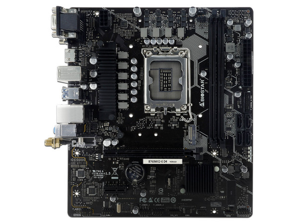 T. Madre Biostar B760MX2-E D4:
Chipset Intel B760,
Segmento: Alto,
Soporta: Intel de 12va y 13va Generación, Socket 1700,
RAM: DDR4 4400/ 2133/ 3200/ 3600 MHz, 64GB Máx,
Audio HD, Red, USB 3.2, SATA 3.0 y M.2,
Micro-ATX, Ptos: 1xPCIe 4.0 x16, 1xPCI