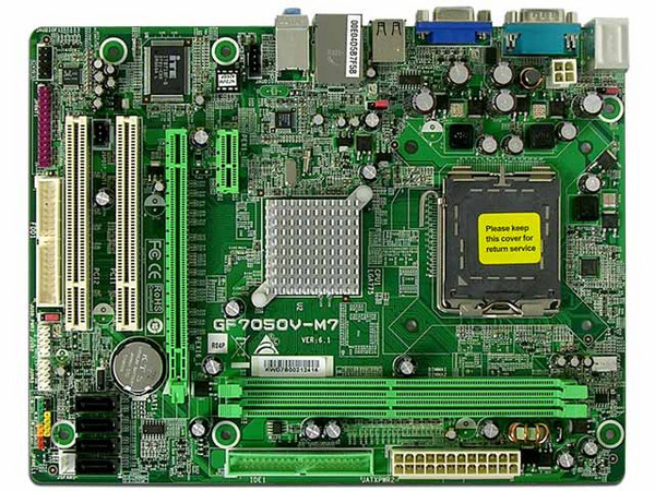 T. Madre Biostar GF7050V-M7, ChipSet NVIDIA 7050,
Soporta: Cel.400, DualCore/2 Duo, 1333/1066/800/MHz,
Memoria: DDR2 800/667Mhz, 2 Bancos, 4GB Max,
Integrado: Video GeForce 7050, Audio HD, Red,
Diseño: MicroATX, Ptos: 1xPCEx16, 1xPCE, 2xPCI