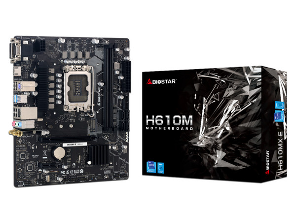 T. Madre Biostar H610MX-E, Chipset Intel H610,
Soporta: Intel 12va Generación de Socket 1700,
Memoria: DDR4 3200 / 2933 / 2133 MHz, 64GB Max,
Integrado: AudioHD, Red, USB 3.2 y SATA 3.0, M.2,
Micro-ATX, Ptos: 1xPCIEx16, 1xPCIEx1.