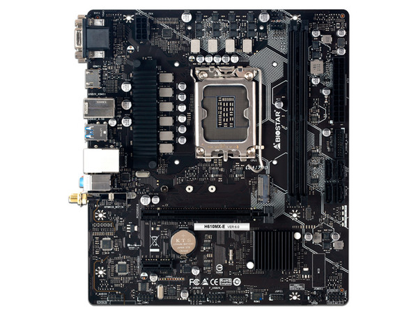 T. Madre Biostar H610MX-E, Chipset Intel H610,
Soporta: Intel 12va Generación de Socket 1700,
Memoria: DDR4 3200 / 2933 / 2133 MHz, 64GB Max,
Integrado: AudioHD, Red, USB 3.2 y SATA 3.0, M.2,
Micro-ATX, Ptos: 1xPCIEx16, 1xPCIEx1.