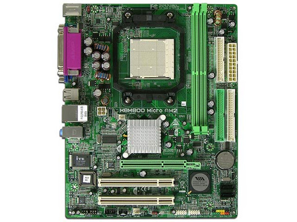 T. Madre Biostar K8M800 Micro AM2, ChipSet VIA K8M800,
Para: Athlon 64/Athlon 64 X2 Dual-Core, Socket AM2,
Integrado: Video VIA UniChromePro, Audio 5.1, Red 10/100,
Memoria: 2x DDR2, Max. 2GB,  533/667 Mhz,
Diseño MicroATX, Ptos: 1 x AGP8X, 2 x PCI