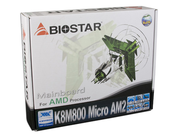T. Madre Biostar K8M800 Micro AM2, ChipSet VIA K8M800,
Para: Athlon 64/Athlon 64 X2 Dual-Core, Socket AM2,
Integrado: Video VIA UniChromePro, Audio 5.1, Red 10/100,
Memoria: 2x DDR2, Max. 2GB,  533/667 Mhz,
Diseño MicroATX, Ptos: 1 x AGP8X, 2 x PCI