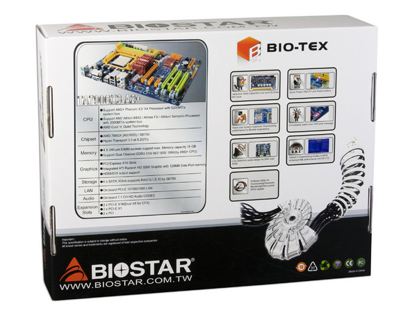T. Madre Biostar TA790GX3 A2+, ChipSet AMD 790GX,
Soporta: Phenom, Athlon 64/Athlon 64 X2, Socket AM2+,
Memoria: DDR2 1066/800/MHz, 4 Bancos, 16GB Max,
Integrado: Audio HD, Red 100/1000, Video ATI HD3300,
Diseño: ATX, Ptos: 2xPCEx16 2.0, 2xPCEx1 2.0,